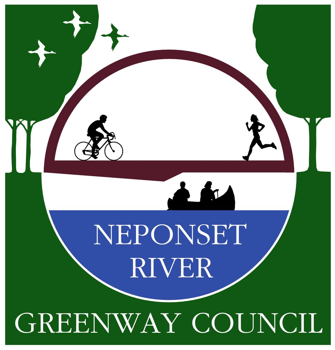Neponset River Greenway Council Logo: river, canoe, bridge, bicyclist, runner, trees